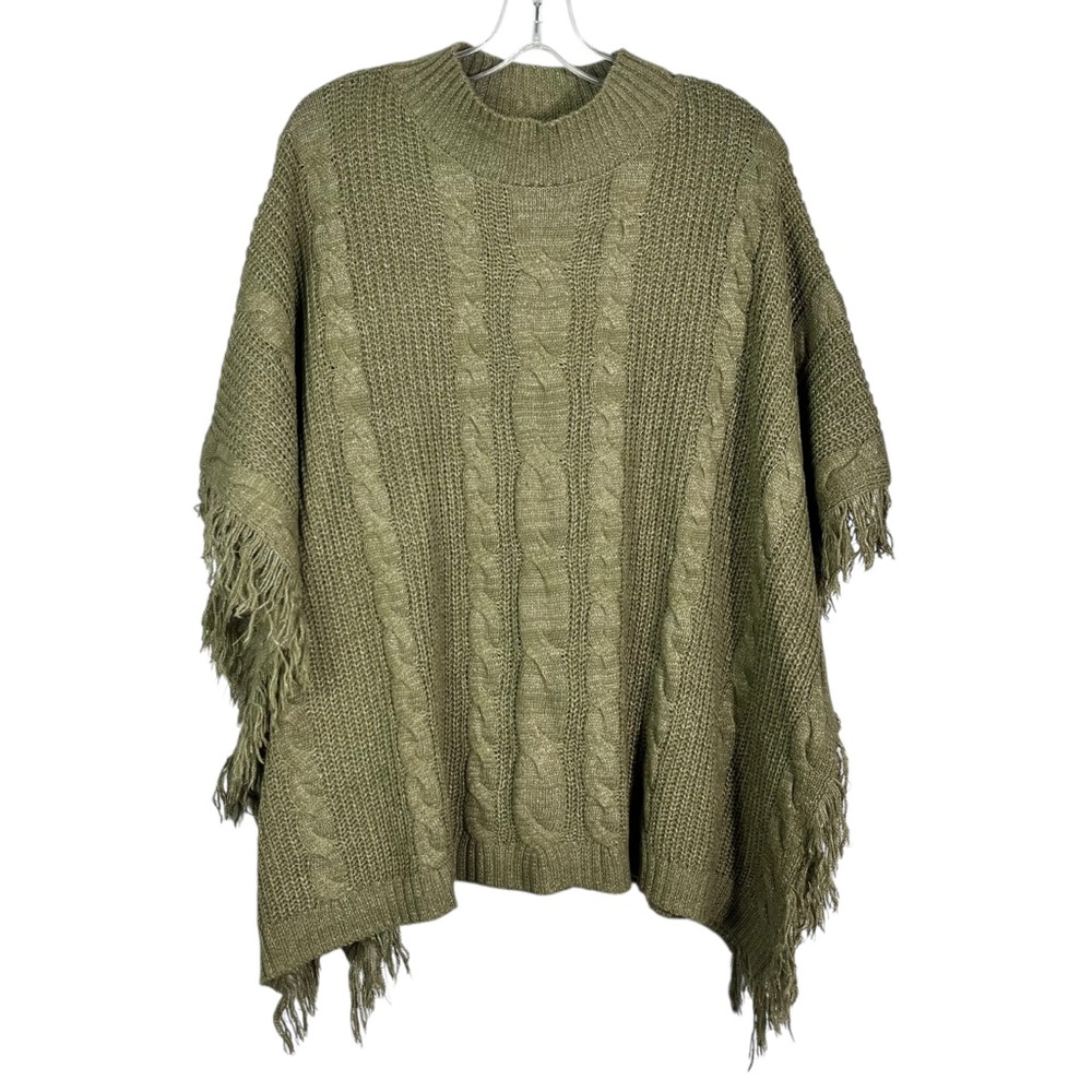 Shein Cable Fisherman Knit Green Fringe Trim Open Side Oversized Poncho Sweater